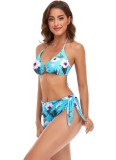 Floral Print Blue Cami Halter Bikini and Cover-Up Swimwear 3PCS Set