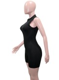 Black Ribbed Round Neck Sleeveless Zip Up Skinny Rompers