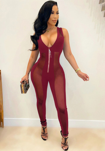 Red Mesh Patchwork V-Neck Sleeveless Zip Bodycon Jumpsuit