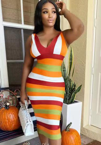 Multicolor Striped Print V-Neck Sleeveless Bodycon Midi Dress