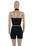 Black Halter Sleeveless Irregular Top and High Waist Shorts 2PCS Set