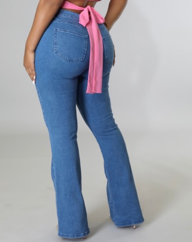 Dk-Blue High Waist Button Straight Jeans with Pocket