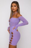 Purple Square Neck Hollow Out Mini Sheath Dress with Half Gloves