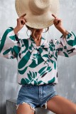 Green and White Silk Knotted Lantern Sleeve Shirt
