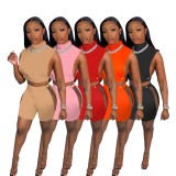 Red Turtleneck Sleeveless Crop Top and High Waist Cut Out Shorts 2PCS Set
