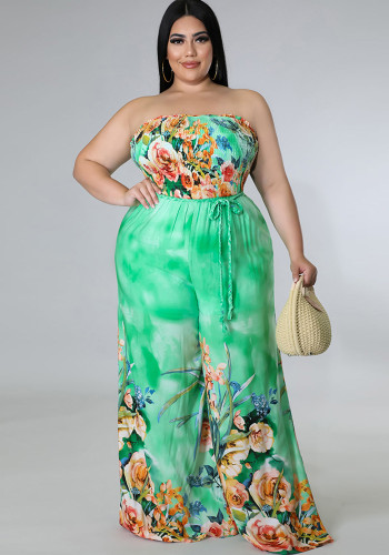 Plus Size Floral Print Green Strapless Sleeveless Pockets Wide Leg Jumpsuit