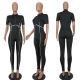 Black Zipper Up Midi Neck Short Sleeves Skinny Jumpsuit