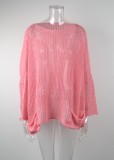 Pink Crochet Long Sleeves Loose Cover-Up with Pocket