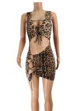 Leopard Print Sleeveless Lace Up Cut Out Mini Bodycon Dress