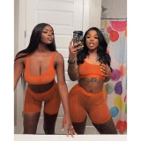 Orange Mesh Sleeveless Crop Top and High Waist Shorts 2PCS Set