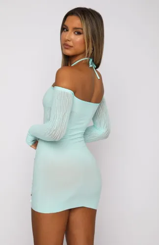 Blue Square Neck Hollow Out Mini Sheath Dress with Half Gloves