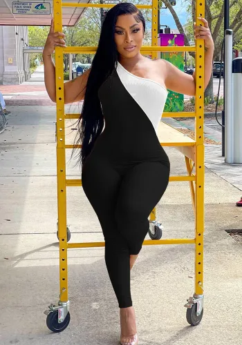 Black Slash Neck Sleeveless Color Block Zip Slim Fit Jumpsuit