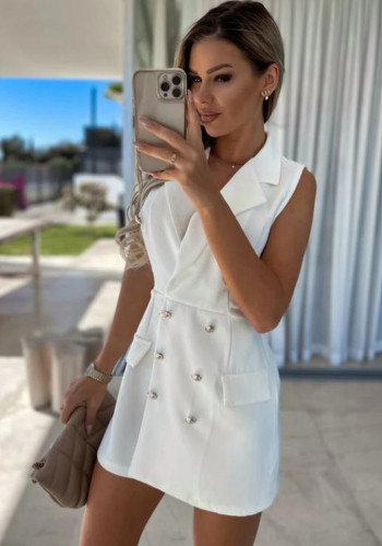 White V-Neck Sleeveless Double-Breasted Blazer Rompers