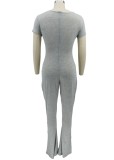 Grey V-Neck Short Sleeves Bell Bottom Jumpsuit