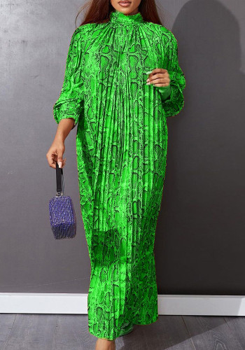 Snakeskin Print Green Turtleneck 3/4 Sleeve Loose Maxi Pleated Dress