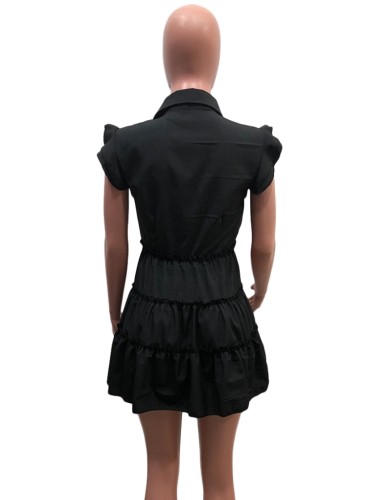 Black Turndown Collar Button Up Short Sleeves Ruffle Mini Dress
