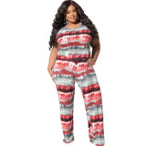 Tie Dye Striped Round Neck Tee Top and Pants Trendy Plus Size Two Piece Set