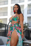 Green Floral Print Halter Bra Top and Long Slit Skirt Two Piece Set Beachwear