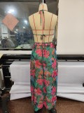 Green Floral Print Halter Bra Top and Long Slit Skirt Two Piece Set Beachwear