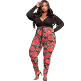 Fashion Long Sleeve Wrap Top and Print Pants Plus Size Two Pieces