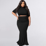 Plus Size Short Sleeve Crop Top and Maxi Skirt Ruched 2 Piece Set