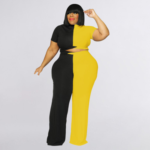 Colorblock Plus Size Top and Wide Leg Pants Two Piece Set