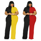 Colorblock Plus Size Top and Wide Leg Pants Two Piece Set