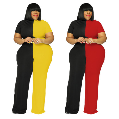 Colorblock Plus Size Top and Wide Leg Pants Two Piece Set