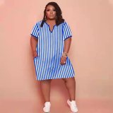 Wholesale Plus Size Short Sleeve Stripes Print Casual Dress