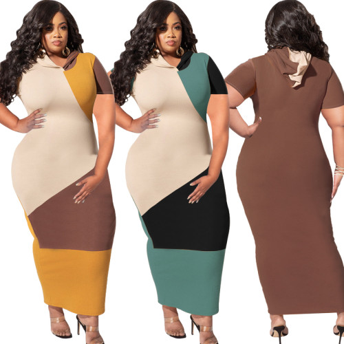 Plus Size Hooded Color Block Long Bodycon Dress