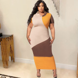 Plus Size Hooded Color Block Long Bodycon Dress