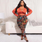 Fashion Long Sleeve Wrap Top and Print Pants Plus Size Two Pieces