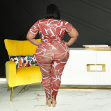 Print Turn Down Collar Deep V Bodycon Plus Size Two PIece Pants Set