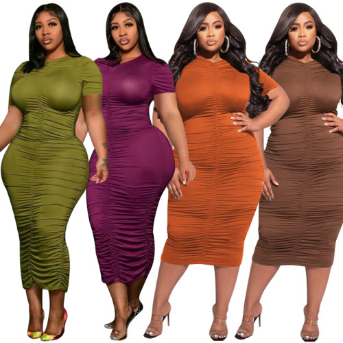 Plus Size Short Sleeve Ruched Bodycon Long Dress