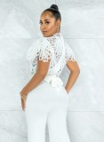 White Lace High Neck Puff Short Sleeve Hollow Out Shirt