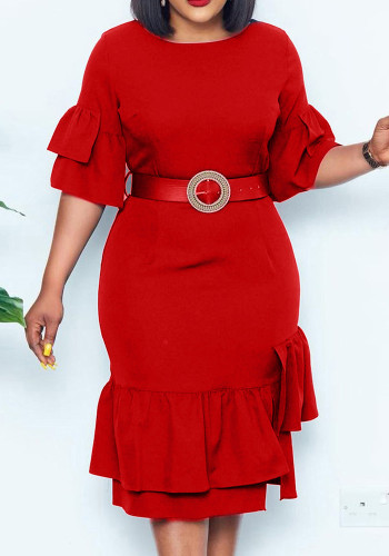 Red O-Neck Half Sleeves Ruffles Slim Fit Midi Dress