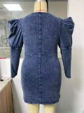 Plus Size Dk-Blue V-Neck Puff Long Sleeves Mini Denim Dress