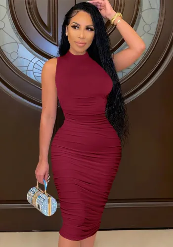 Burgunry Turtleneck Sleeveless Ruched Skinny Midi Dress