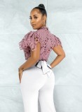 Pink Lace High Neck Puff Short Sleeve Hollow Out Shirt