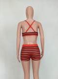 Striped Print Red and Black Cami Sleeveless Bra and Tight Shorts 2PCS Set