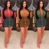 Green O-Neck Long Sleeves Color Block Zip Up Mini Fitted Dress