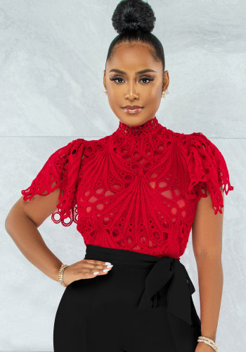 Red Lace High Neck Puff Short Sleeve Hollow Out Shirt