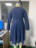 Plus Size Dk-Blue V-Neck Drop Shoulder Ruched Midi Denim Dress