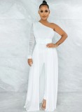 White Mesh One Shoulder Long Sleeves Ripped Jumpsuit with Belt