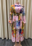 Pink Floral Print Turtleneck Long Sleeves A-line Long Dress with Belt