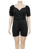 Plus Size Black Sweetheart Puff Short Sleeves Jumpsuit with Belt