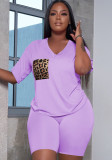 Purple Leopard Print Pocket V-Neck Short Sleeves Tee and Shorts 2PCS Set