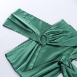 Green One Shoulder Sleeveless Satin O-Ring Lace Up Crop Top