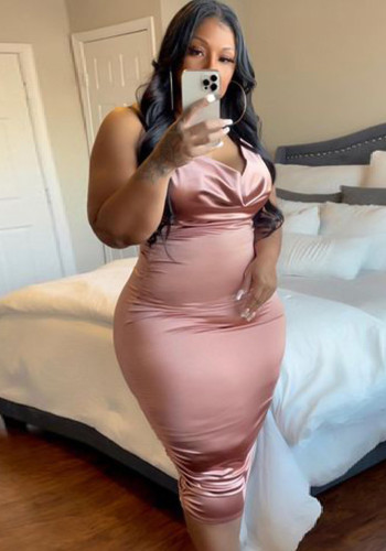Plus Size Pink Silk V-Neck Sleeveless Bodycon Long Dress