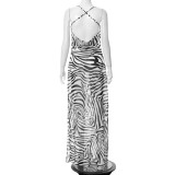 Zebra Print White Chiffon Cami Sleeveless Backless Maxi Dress